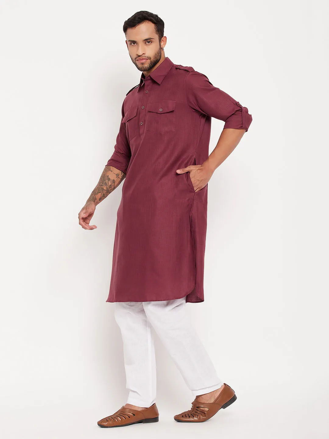 Jashvi Men's Purple And White Cotton Blend Pathani Suit Set