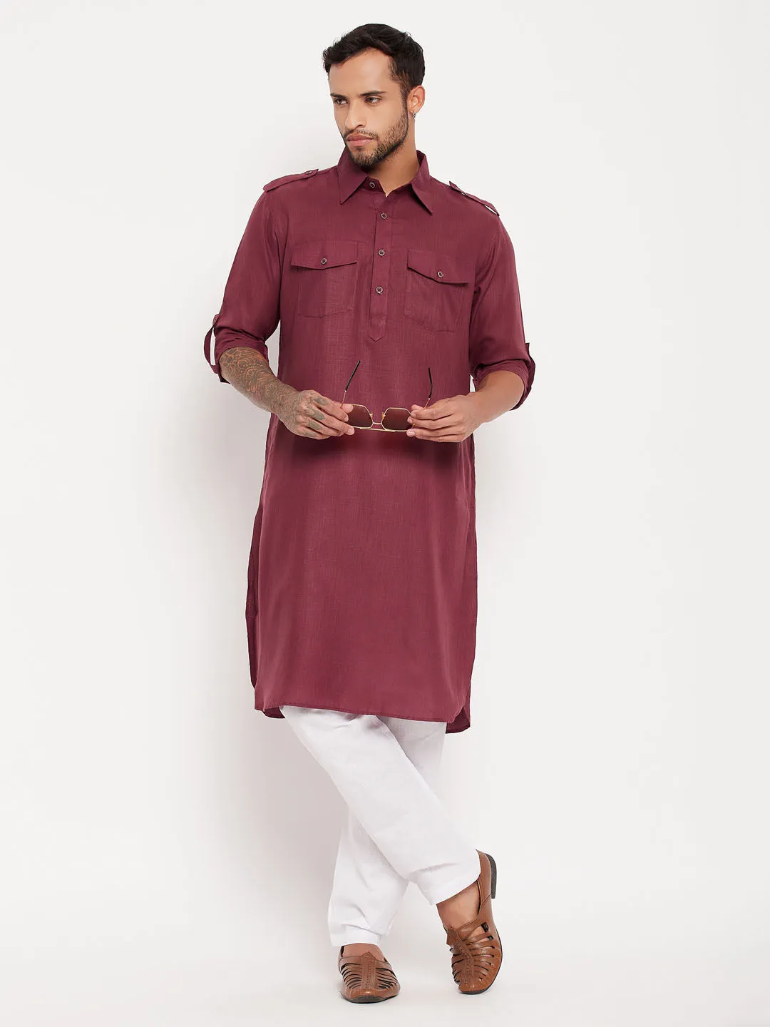 Jashvi Men's Purple And White Cotton Blend Pathani Suit Set
