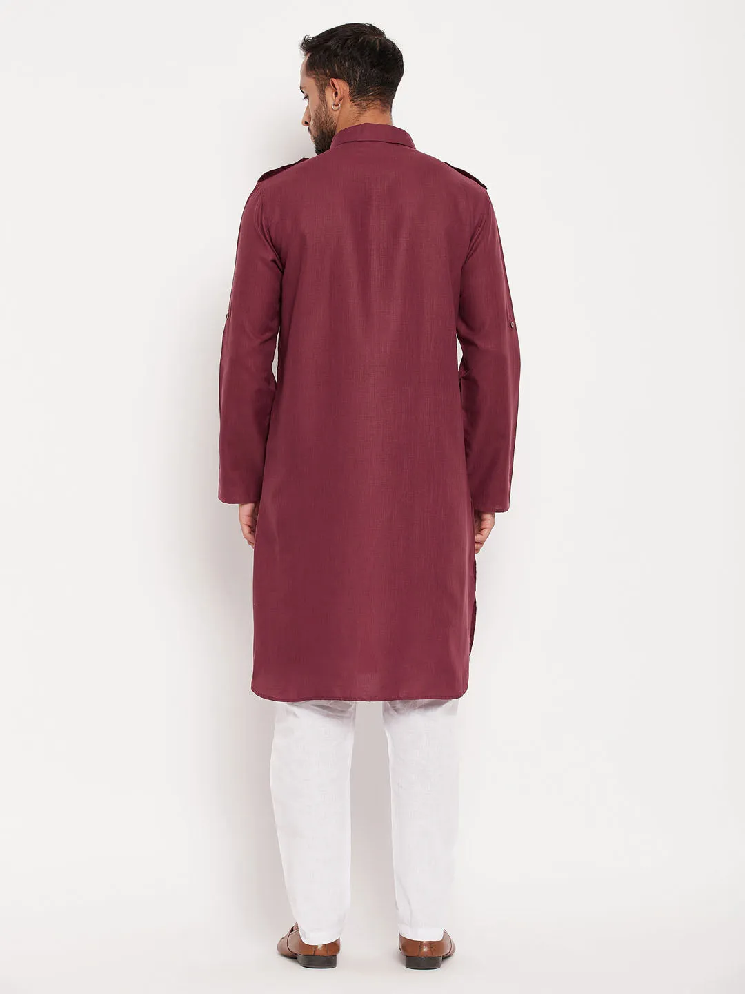 Jashvi Men's Purple And White Cotton Blend Pathani Suit Set