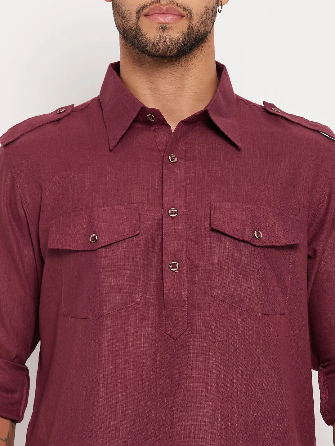 Jashvi Men's Purple And White Cotton Blend Pathani Suit Set