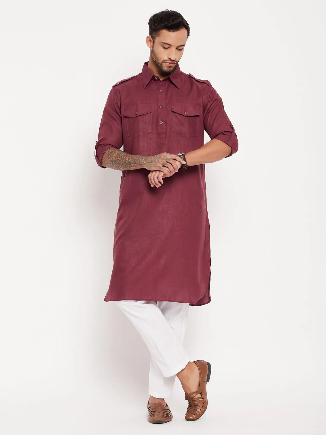 Jashvi Men's Purple Pathani Suit With White Pant Set