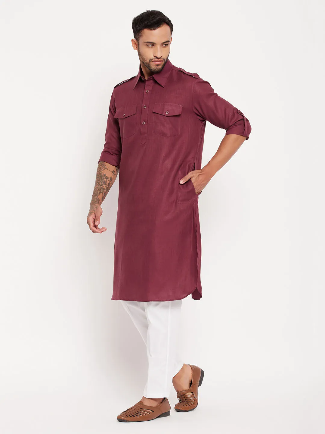 Jashvi Men's Purple Pathani Suit With White Pant Set