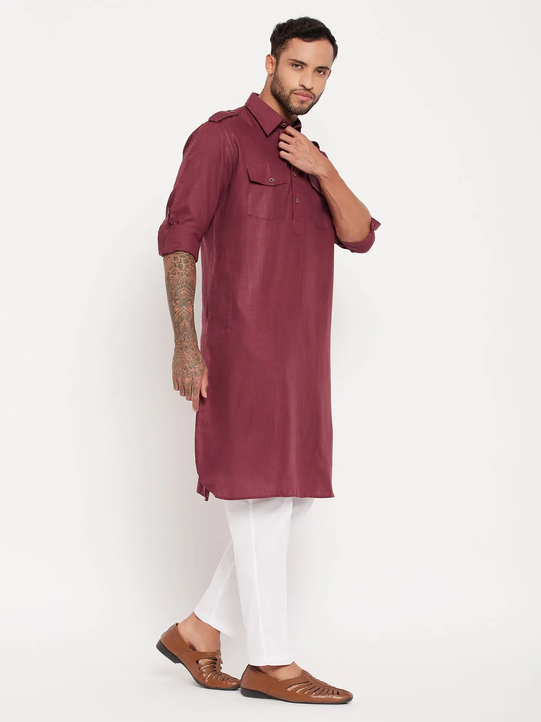 Jashvi Men's Purple Pathani Suit With White Pant Set