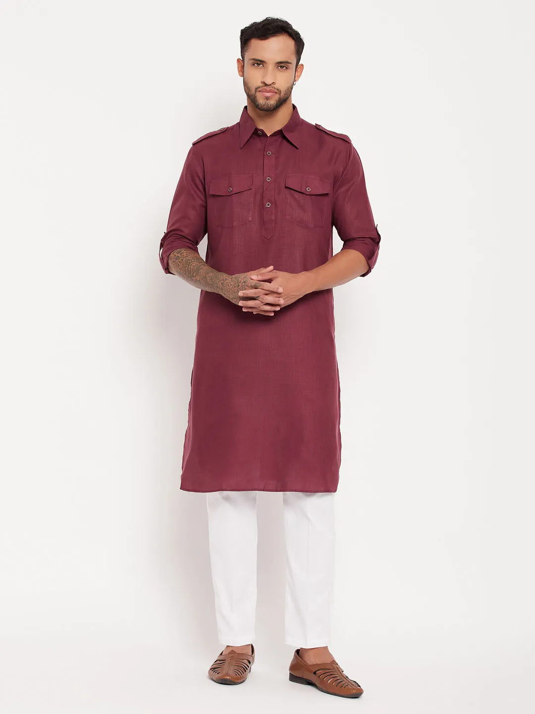 Jashvi Men's Purple Pathani Suit With White Pant Set