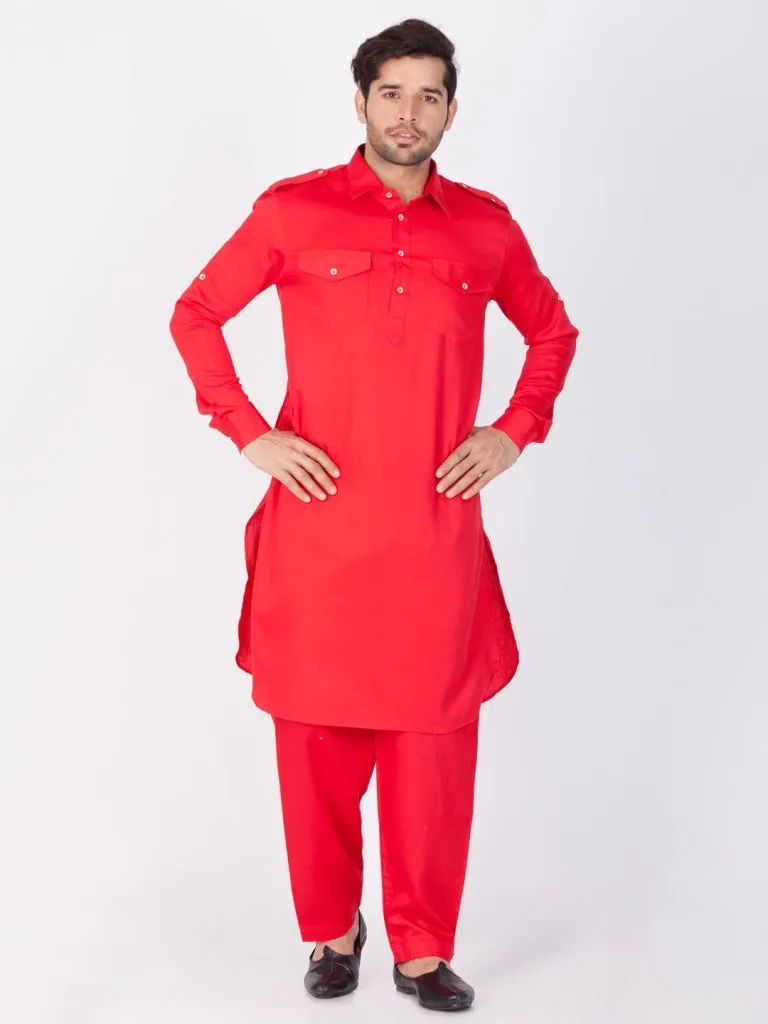 Jashvi Men's Red Pathani Suit Set