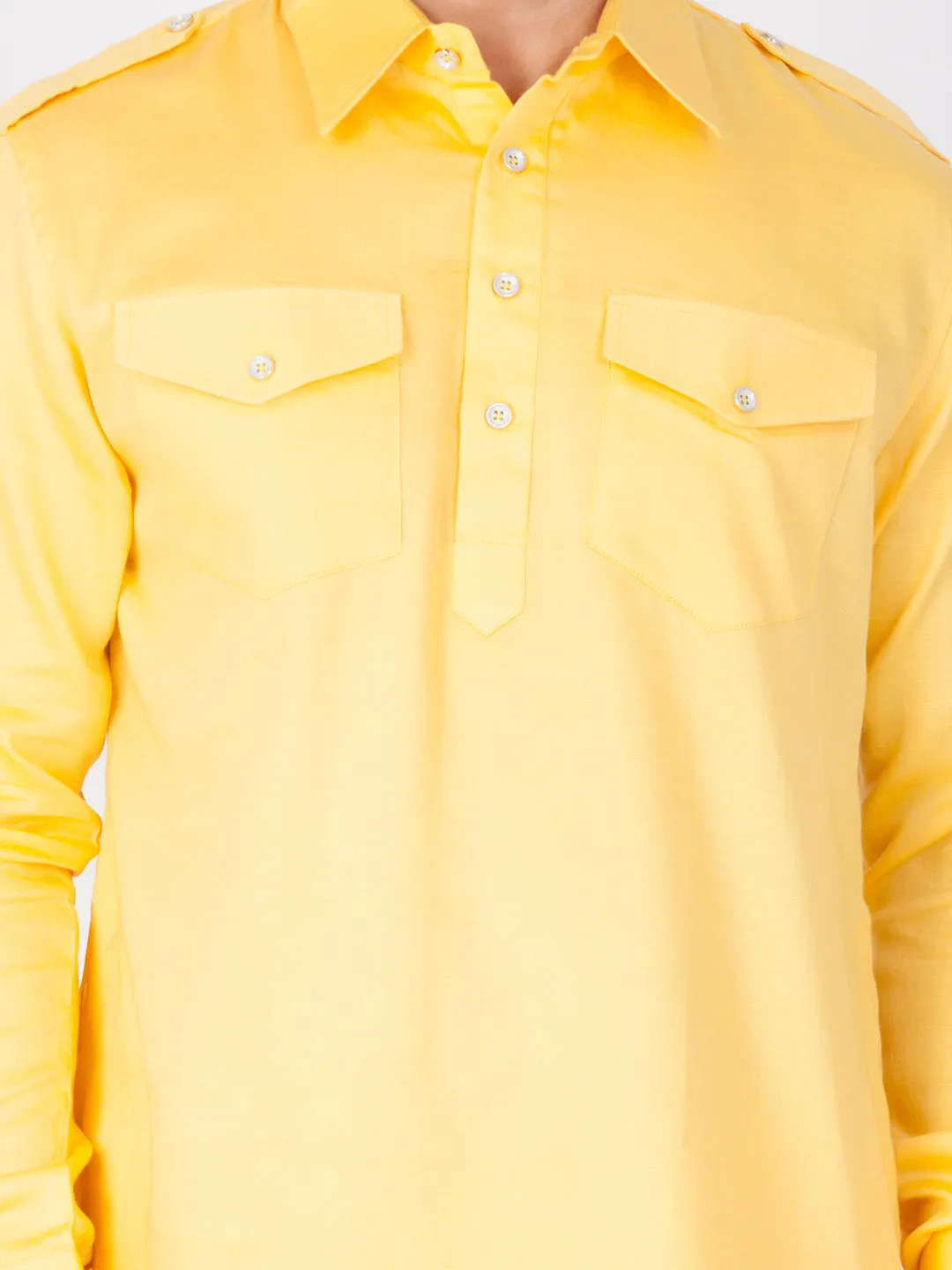 Jashvi Men's Yellow Cotton Pathani Suit Set