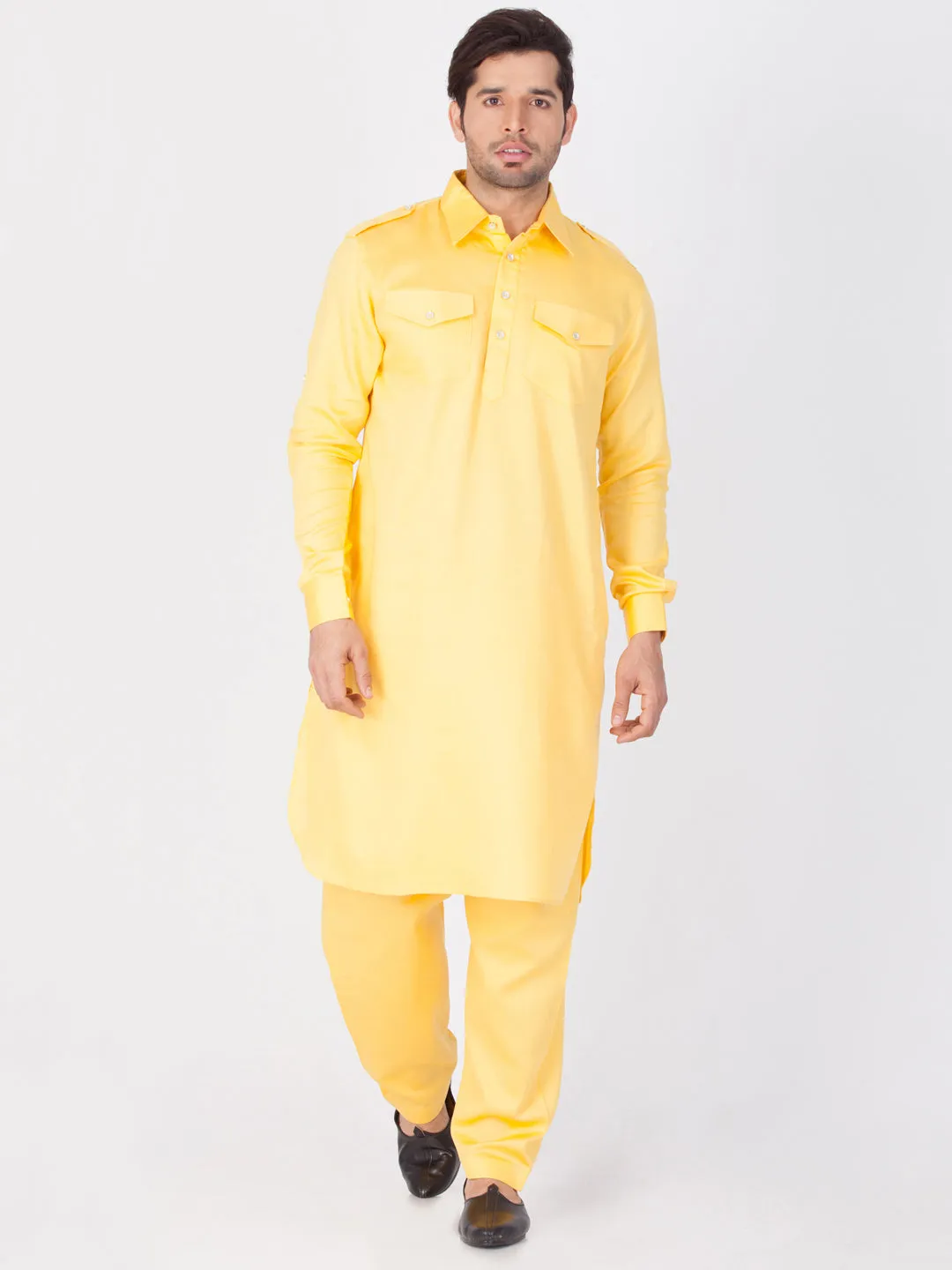 Jashvi Men's Yellow Cotton Pathani Suit Set