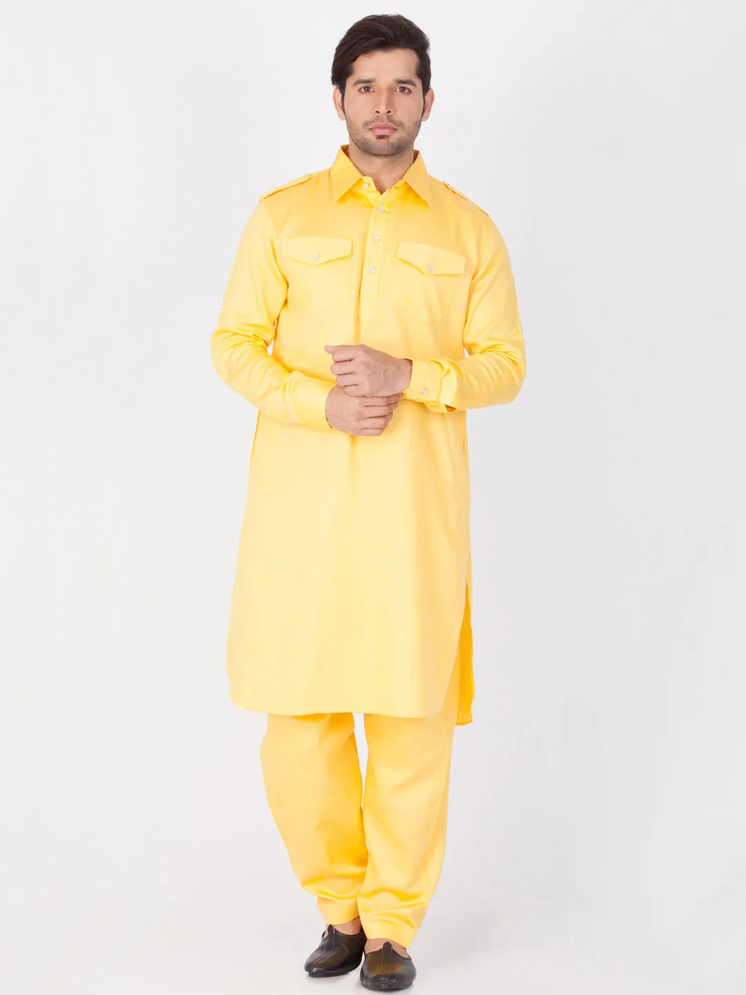 Jashvi Men's Yellow Cotton Pathani Suit Set