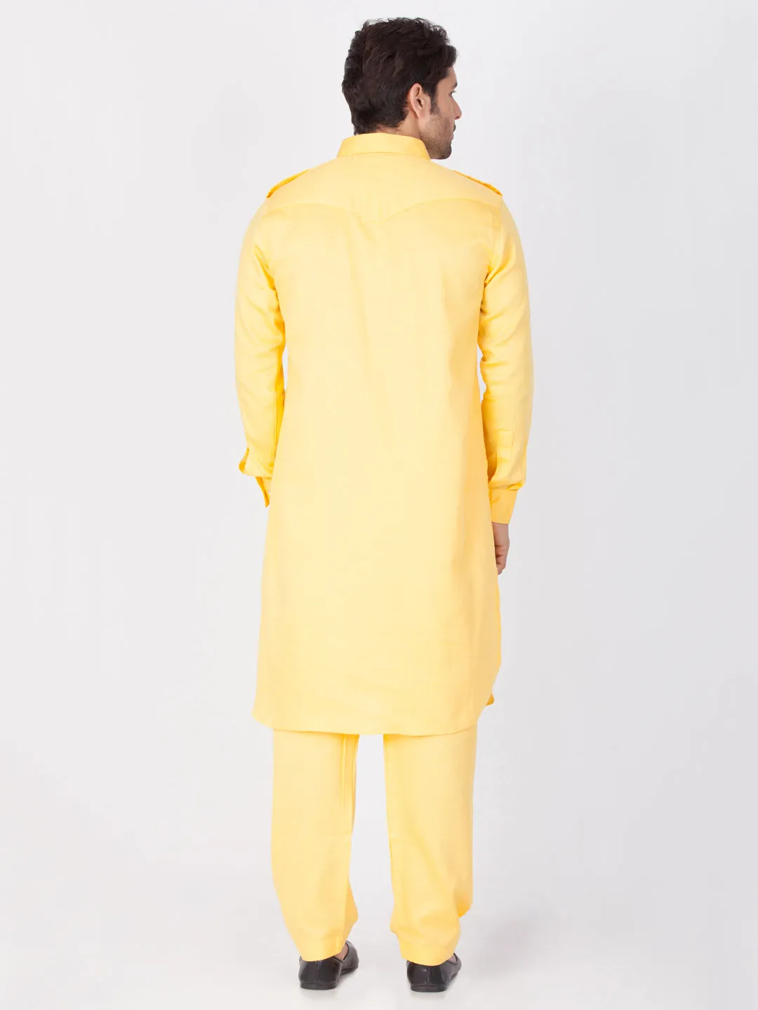 Jashvi Men's Yellow Cotton Pathani Suit Set