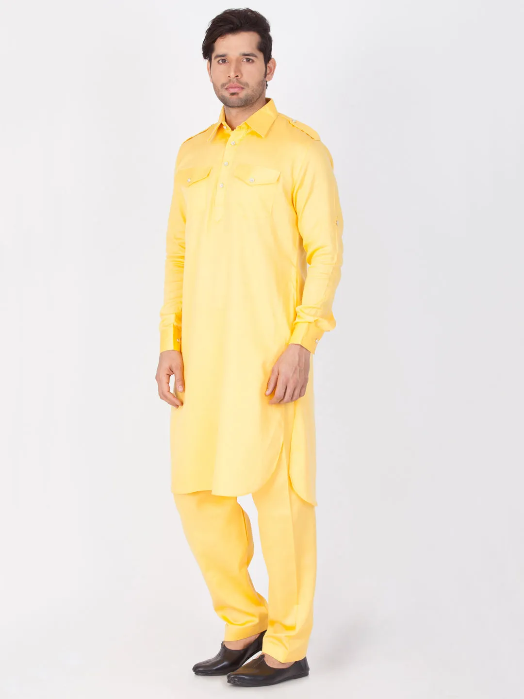 Jashvi Men's Yellow Cotton Pathani Suit Set