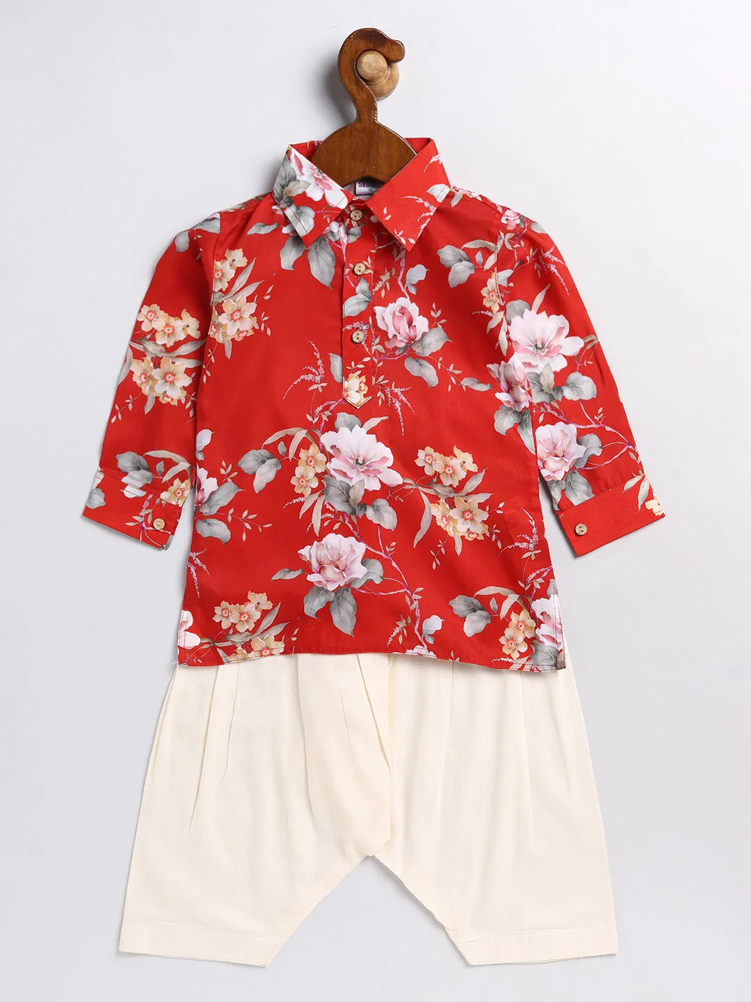 Jashvi SISHU Boy's Red Floral Printed Kurta Patiala Set