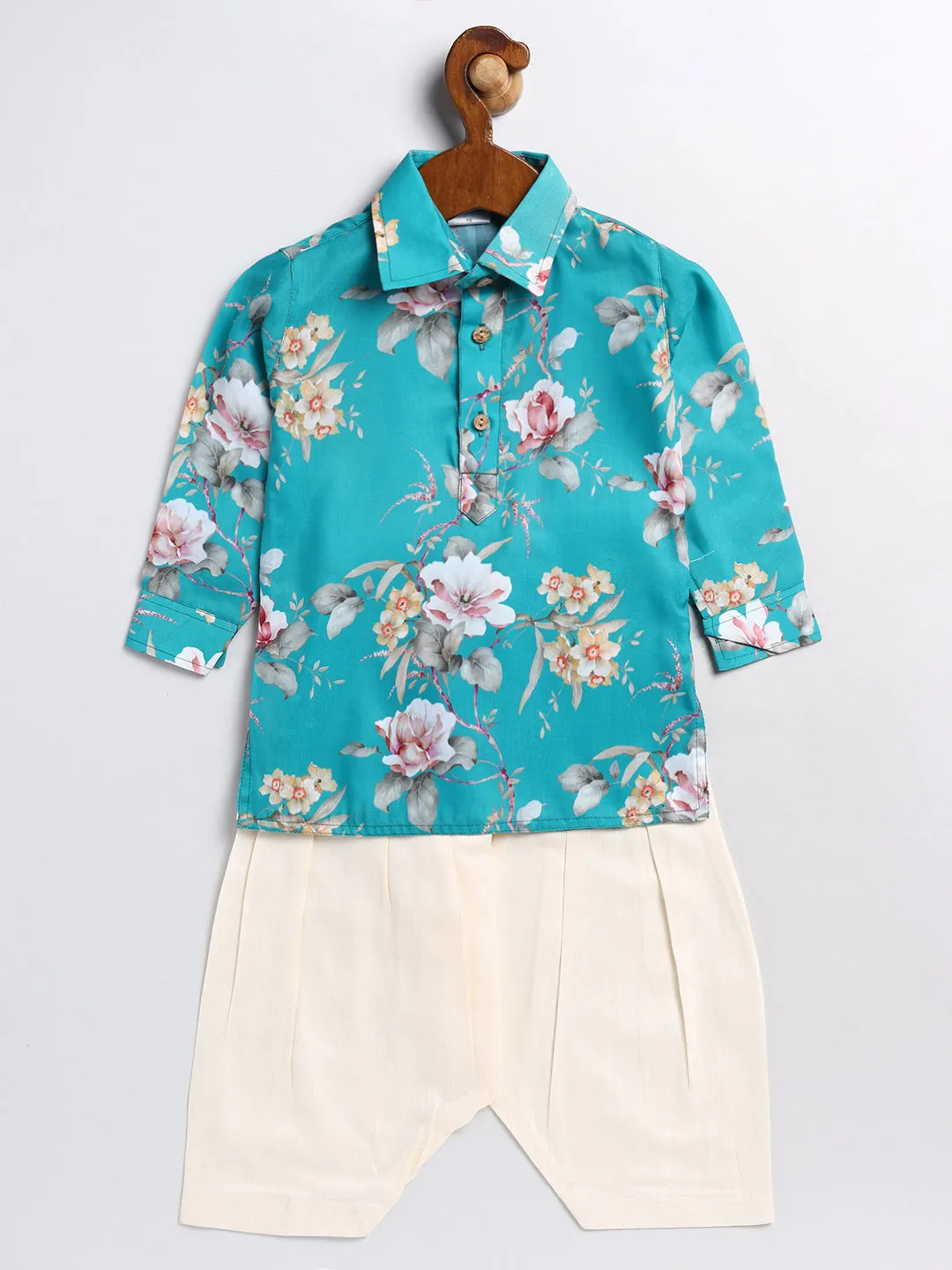 Jashvi SISHU Boy's Turquoise Blue Floral Printed Kurta Patiala Set