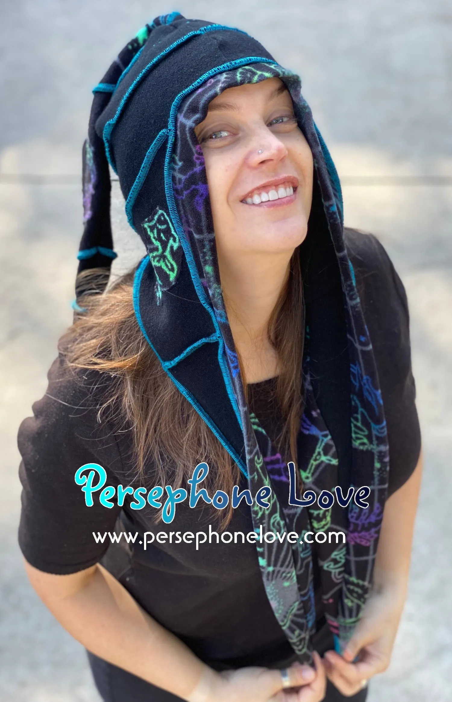 Katwise inspired black zodiac felted 100% cashmere embroidered pixie jester hat-1435