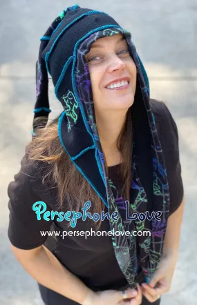 Katwise inspired black zodiac felted 100% cashmere embroidered pixie jester hat-1435