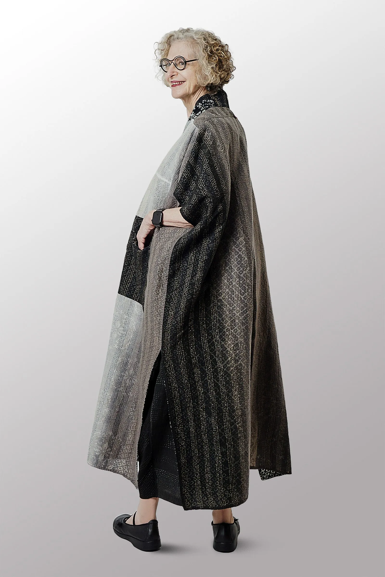 KIMONO COTTON KANTHA PONCHO DRESS - kc2443-blk -