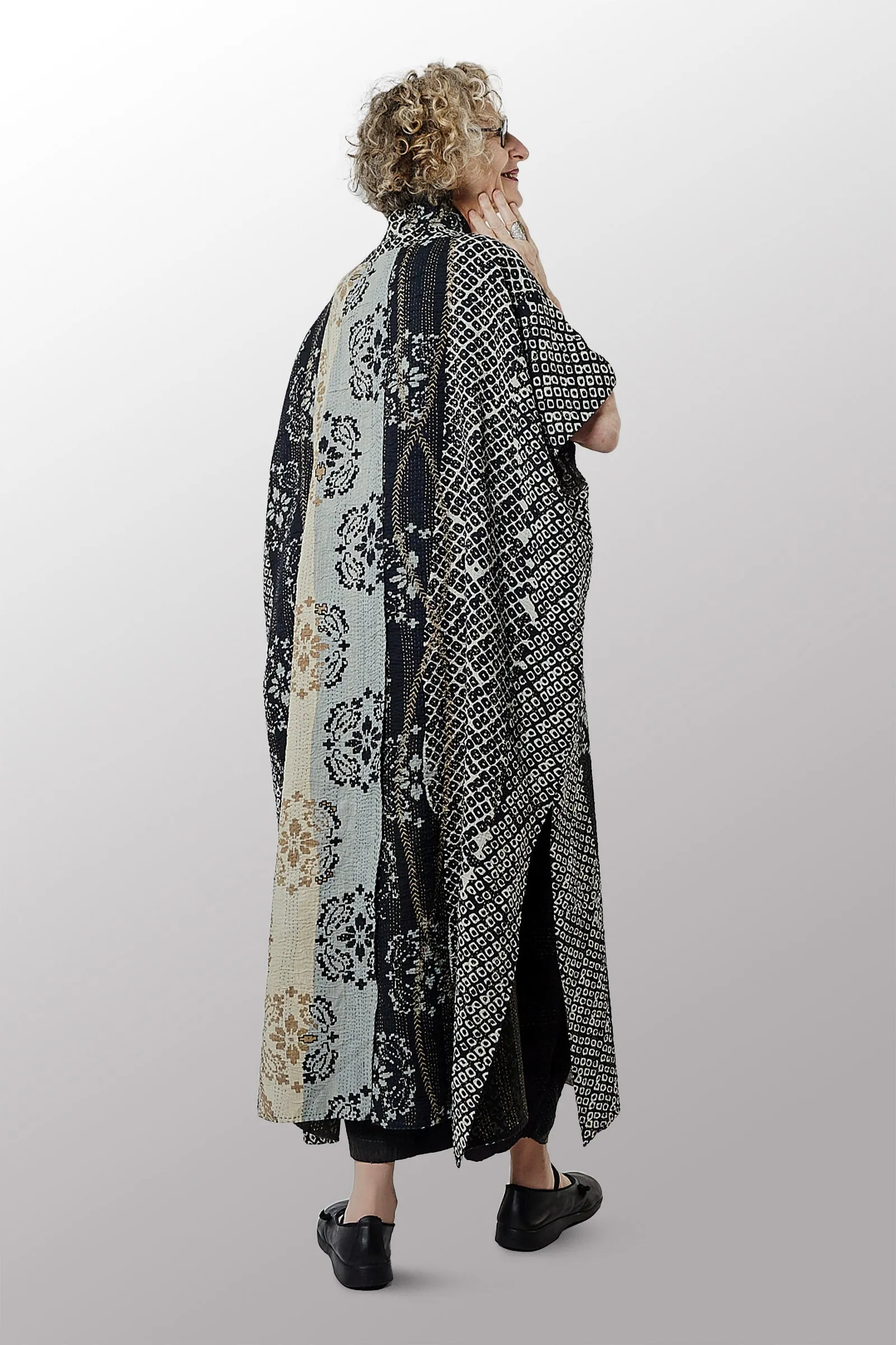 KIMONO COTTON KANTHA PONCHO DRESS - kc2443-blk -