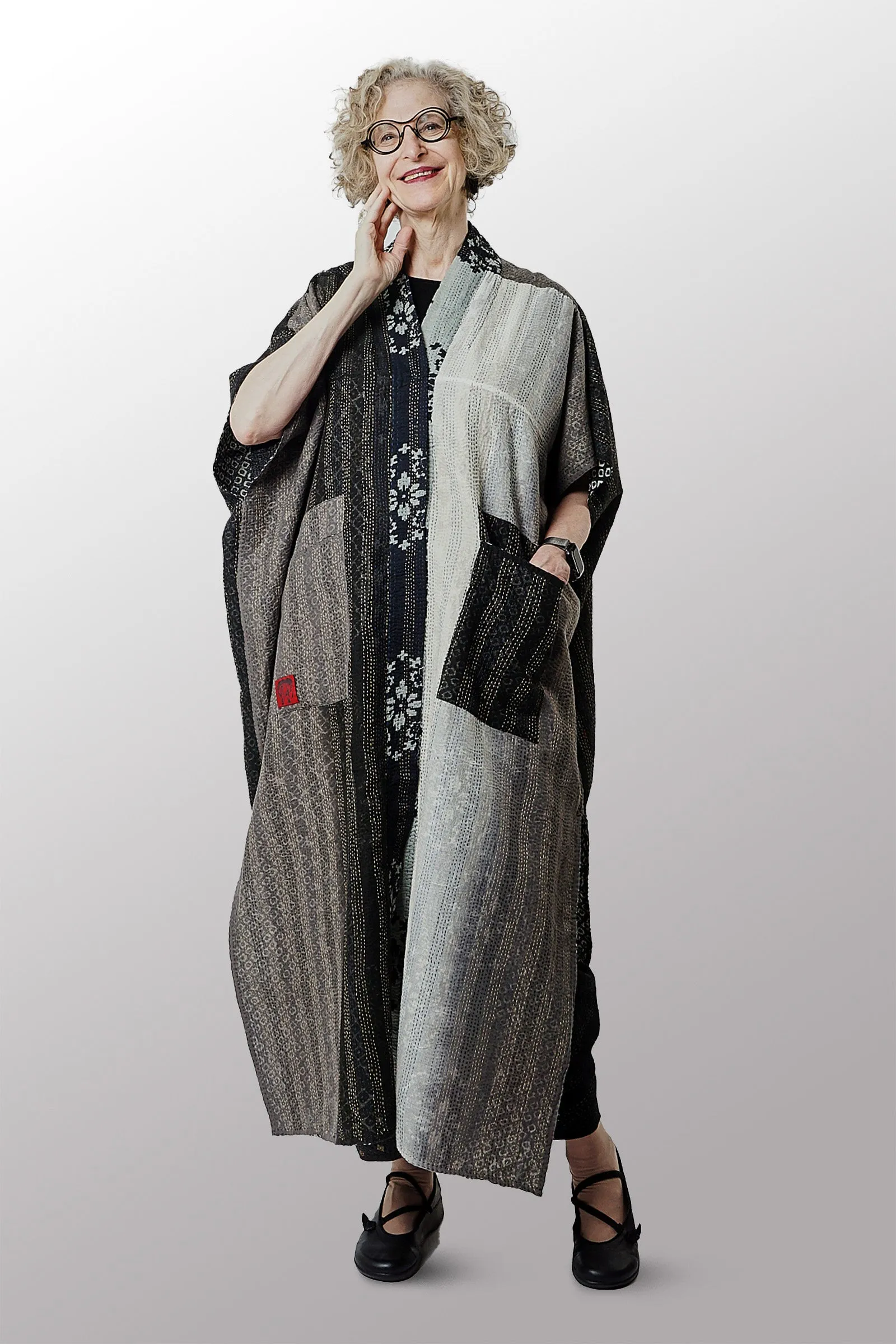 KIMONO COTTON KANTHA PONCHO DRESS - kc2443-blk -