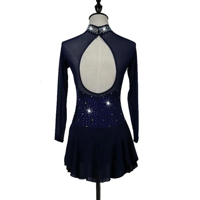 Long Sleeved Navy Blue Figure Skating Dress Women's And Children's Sizes