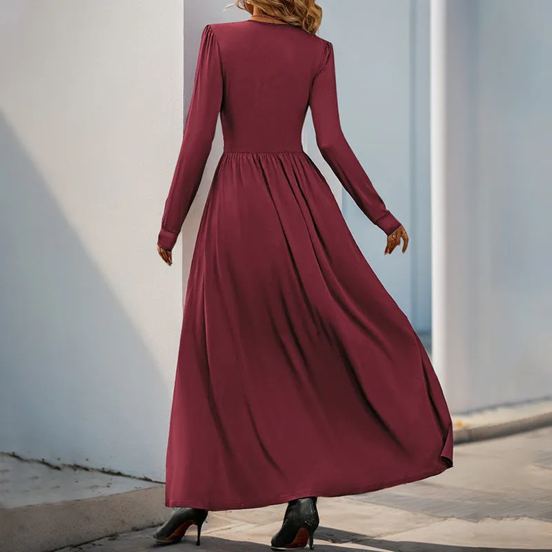 METAVERSMALL 2025 Valentine's Day Lace Splicing V-Neck High Waist Temperament Long Dress Solid Color Split Slim Dress