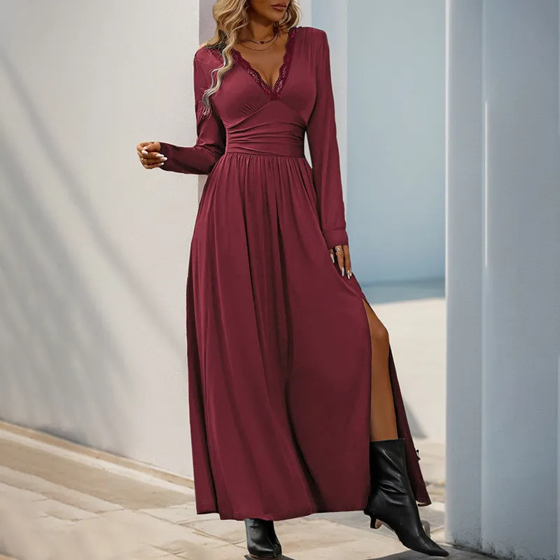 METAVERSMALL 2025 Valentine's Day Lace Splicing V-Neck High Waist Temperament Long Dress Solid Color Split Slim Dress