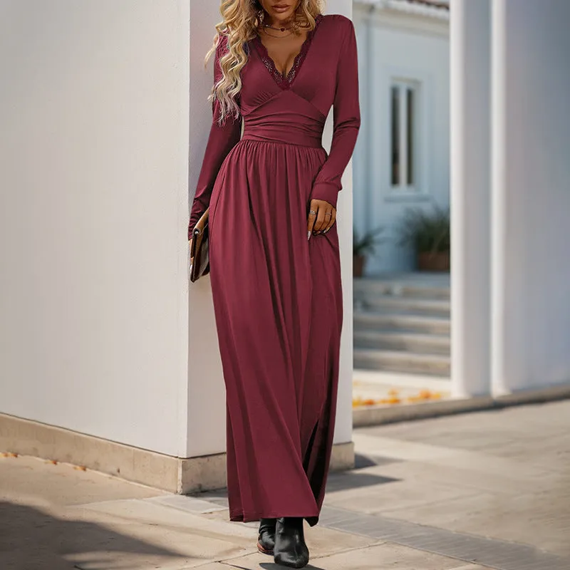 METAVERSMALL 2025 Valentine's Day Lace Splicing V-Neck High Waist Temperament Long Dress Solid Color Split Slim Dress