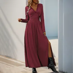 METAVERSMALL 2025 Valentine's Day Lace Splicing V-Neck High Waist Temperament Long Dress Solid Color Split Slim Dress