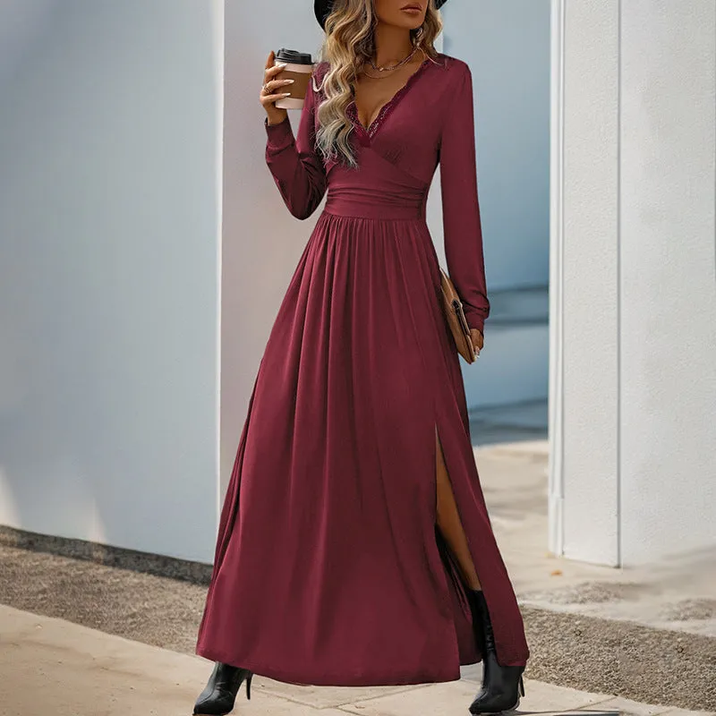 METAVERSMALL 2025 Valentine's Day Lace Splicing V-Neck High Waist Temperament Long Dress Solid Color Split Slim Dress