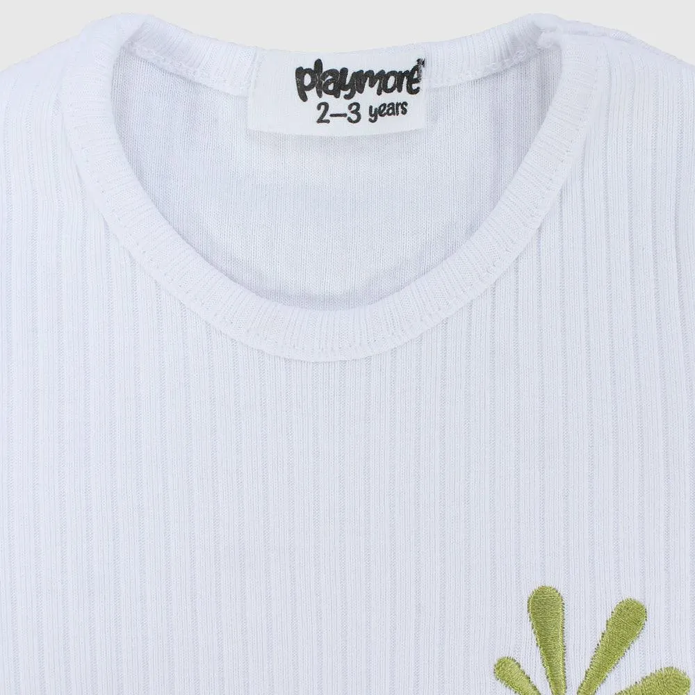 "Happy Sun" White Ribbed Short-Sleeved T-Shirt