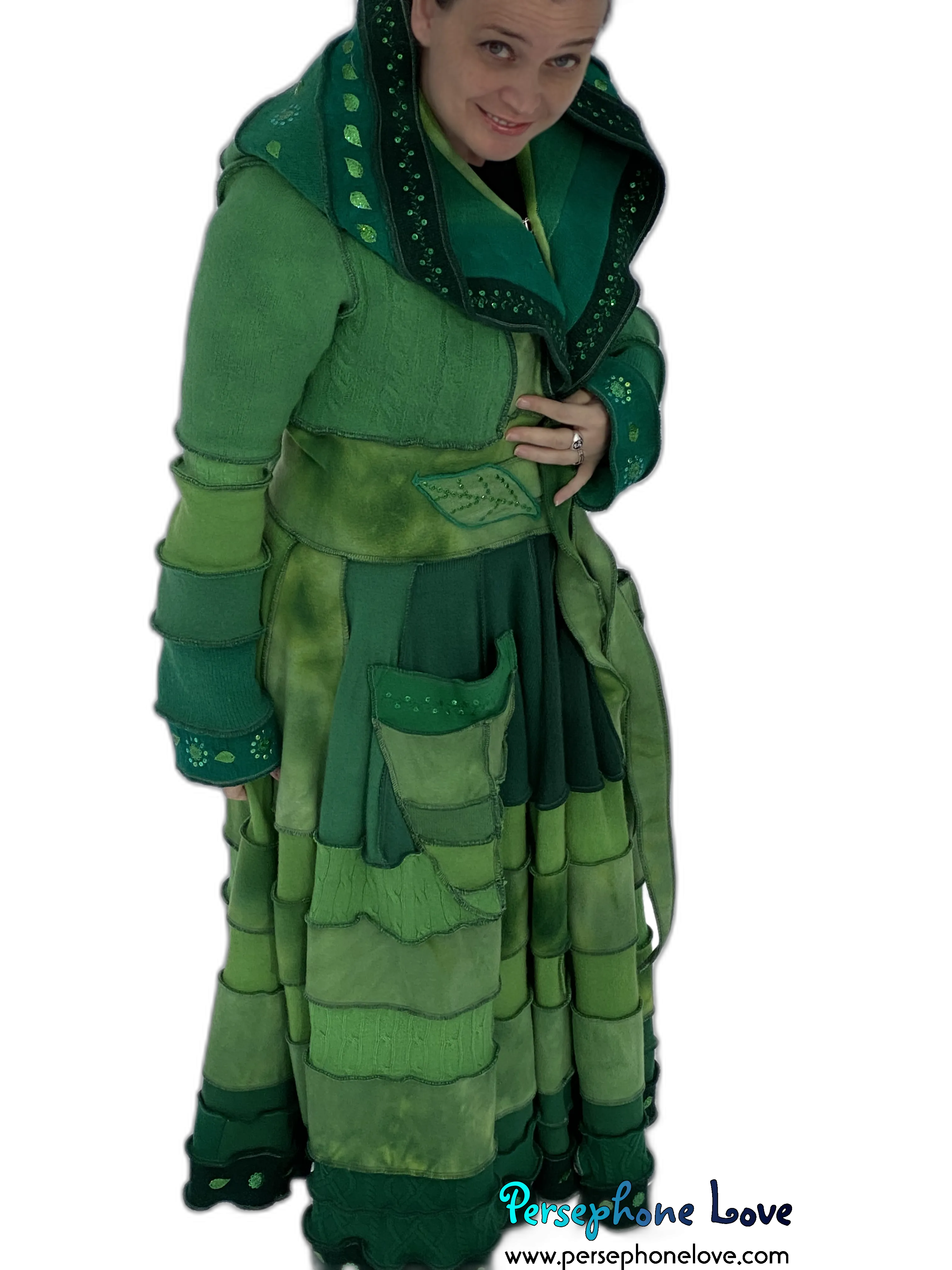 "Zelda" Green elf needle-felted wool/cashmere Katwise-inspired patchwork sweatercoat-2518