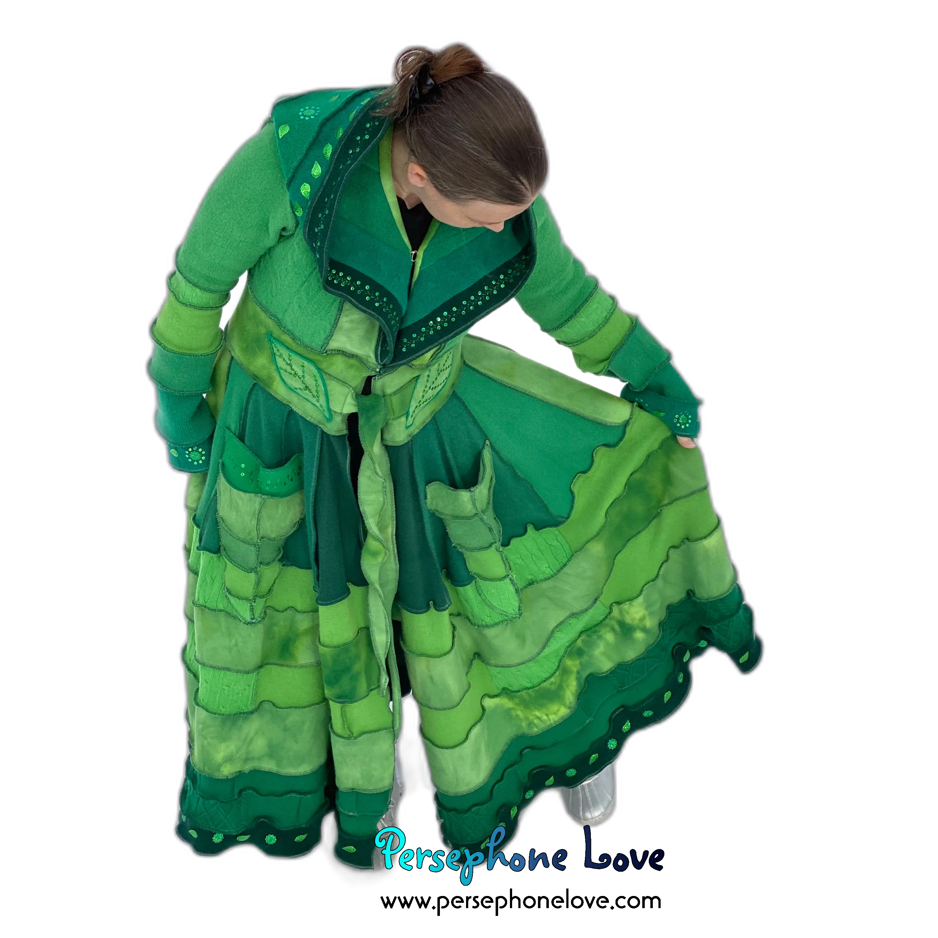 "Zelda" Green elf needle-felted wool/cashmere Katwise-inspired patchwork sweatercoat-2518