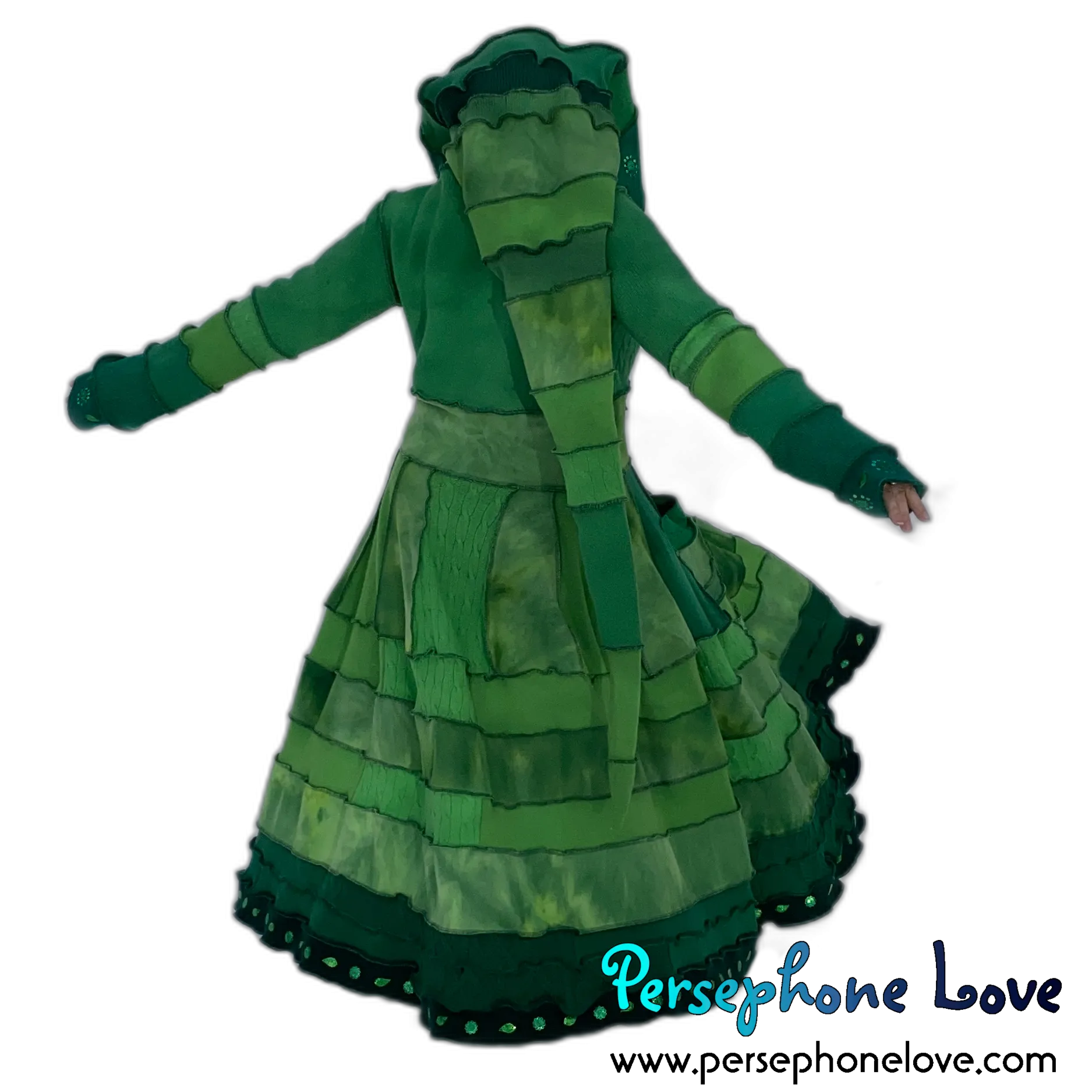 "Zelda" Green elf needle-felted wool/cashmere Katwise-inspired patchwork sweatercoat-2518