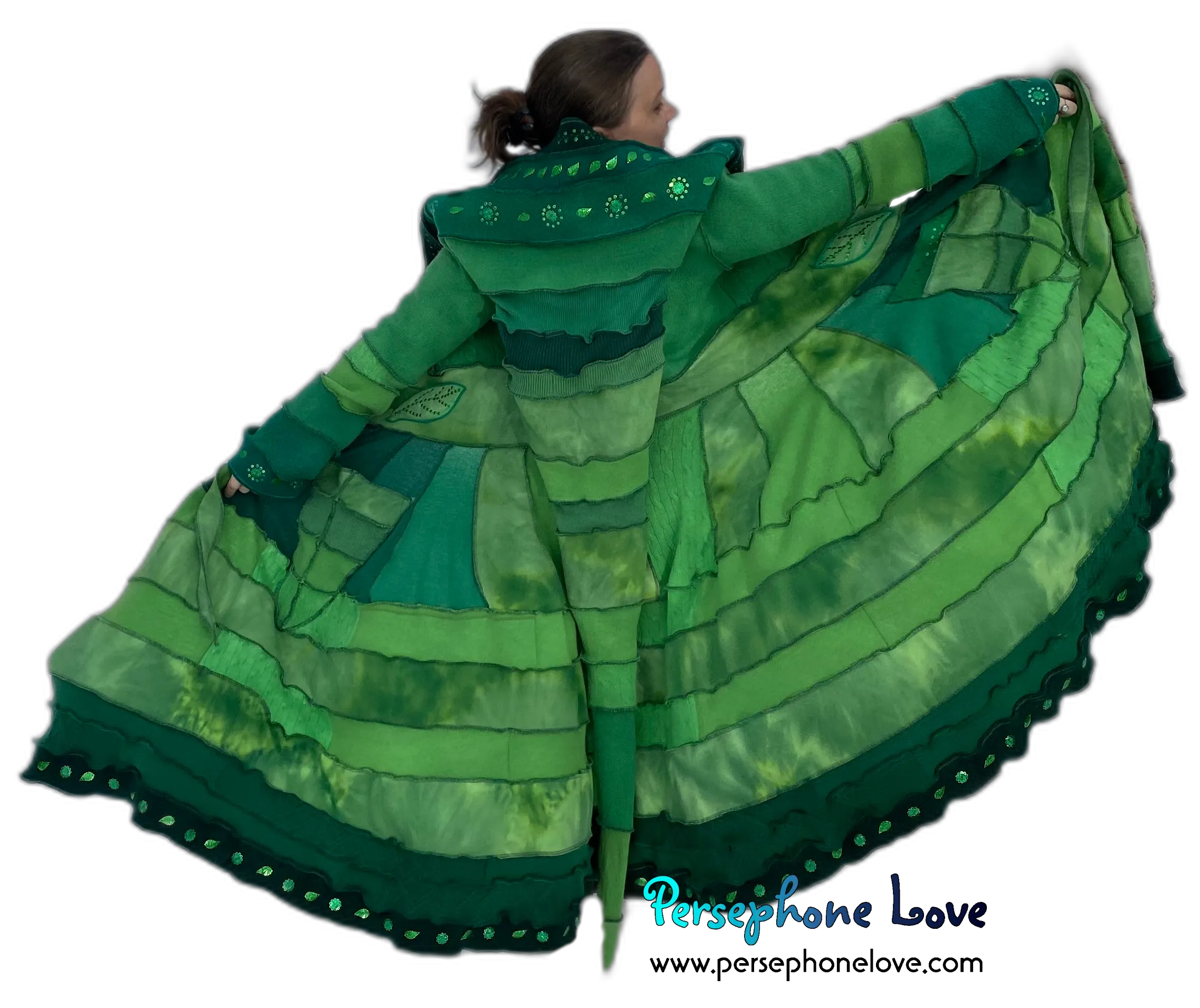 "Zelda" Green elf needle-felted wool/cashmere Katwise-inspired patchwork sweatercoat-2518