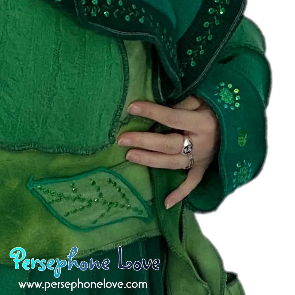 "Zelda" Green elf needle-felted wool/cashmere Katwise-inspired patchwork sweatercoat-2518