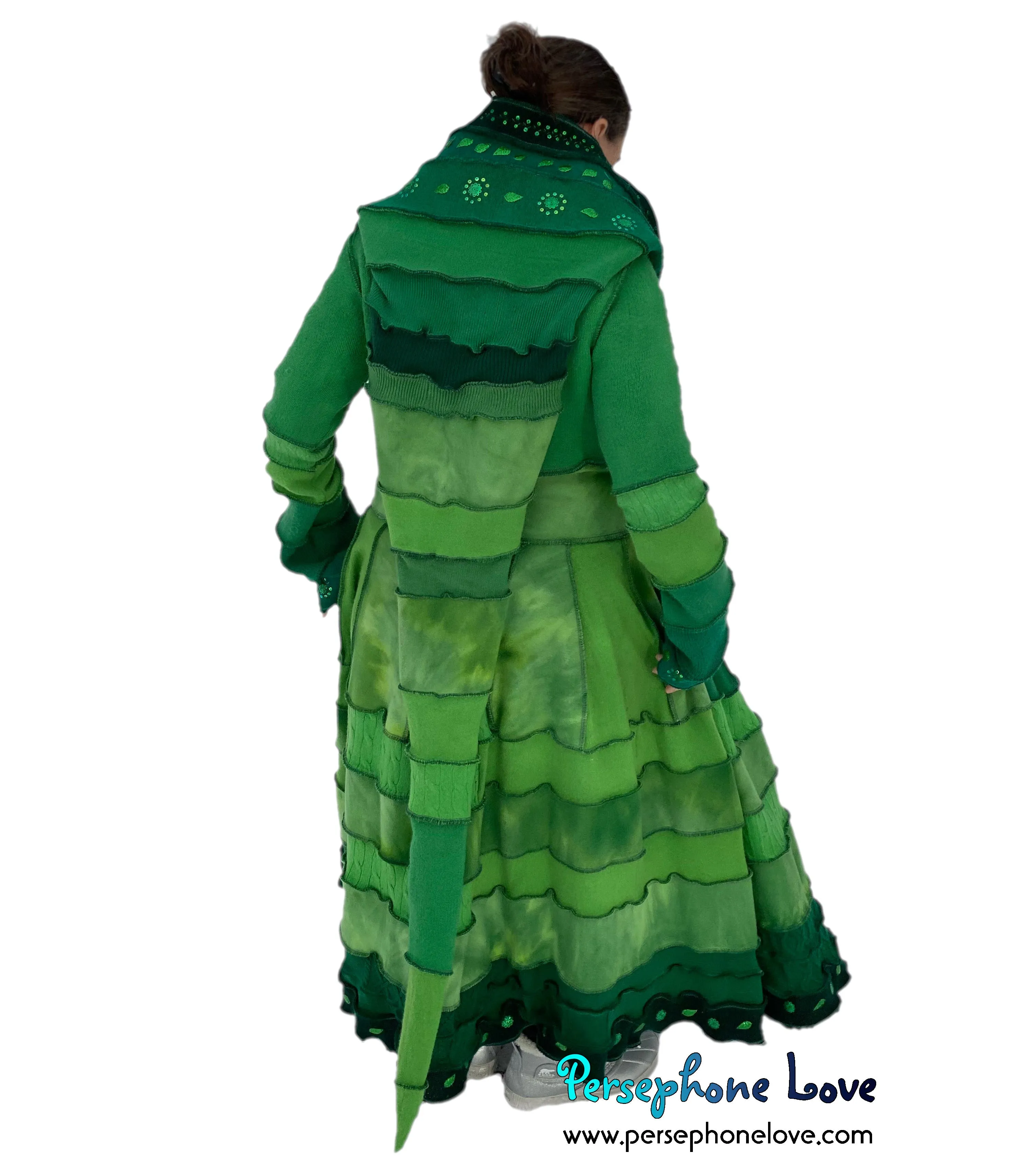 "Zelda" Green elf needle-felted wool/cashmere Katwise-inspired patchwork sweatercoat-2518