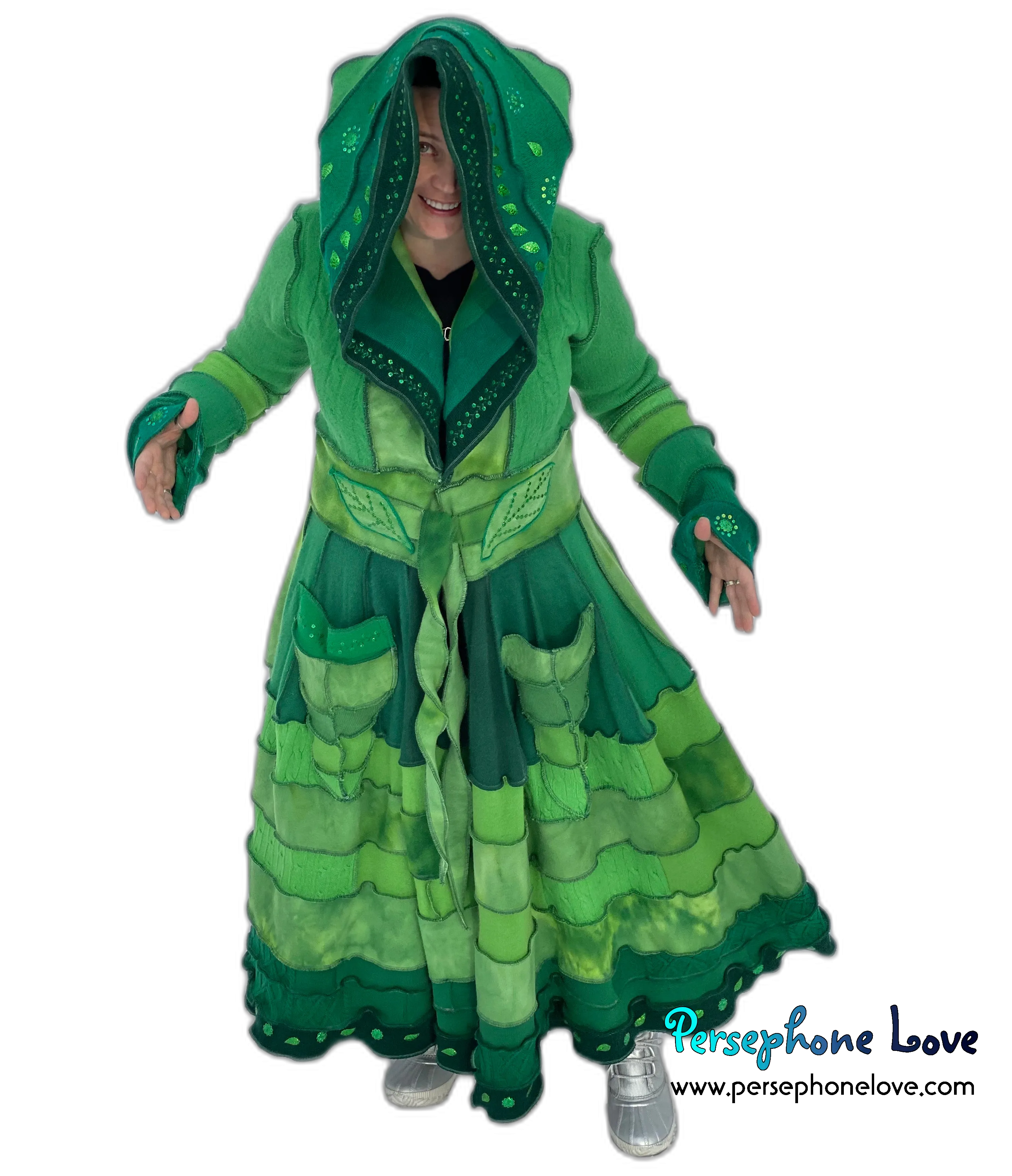 "Zelda" Green elf needle-felted wool/cashmere Katwise-inspired patchwork sweatercoat-2518