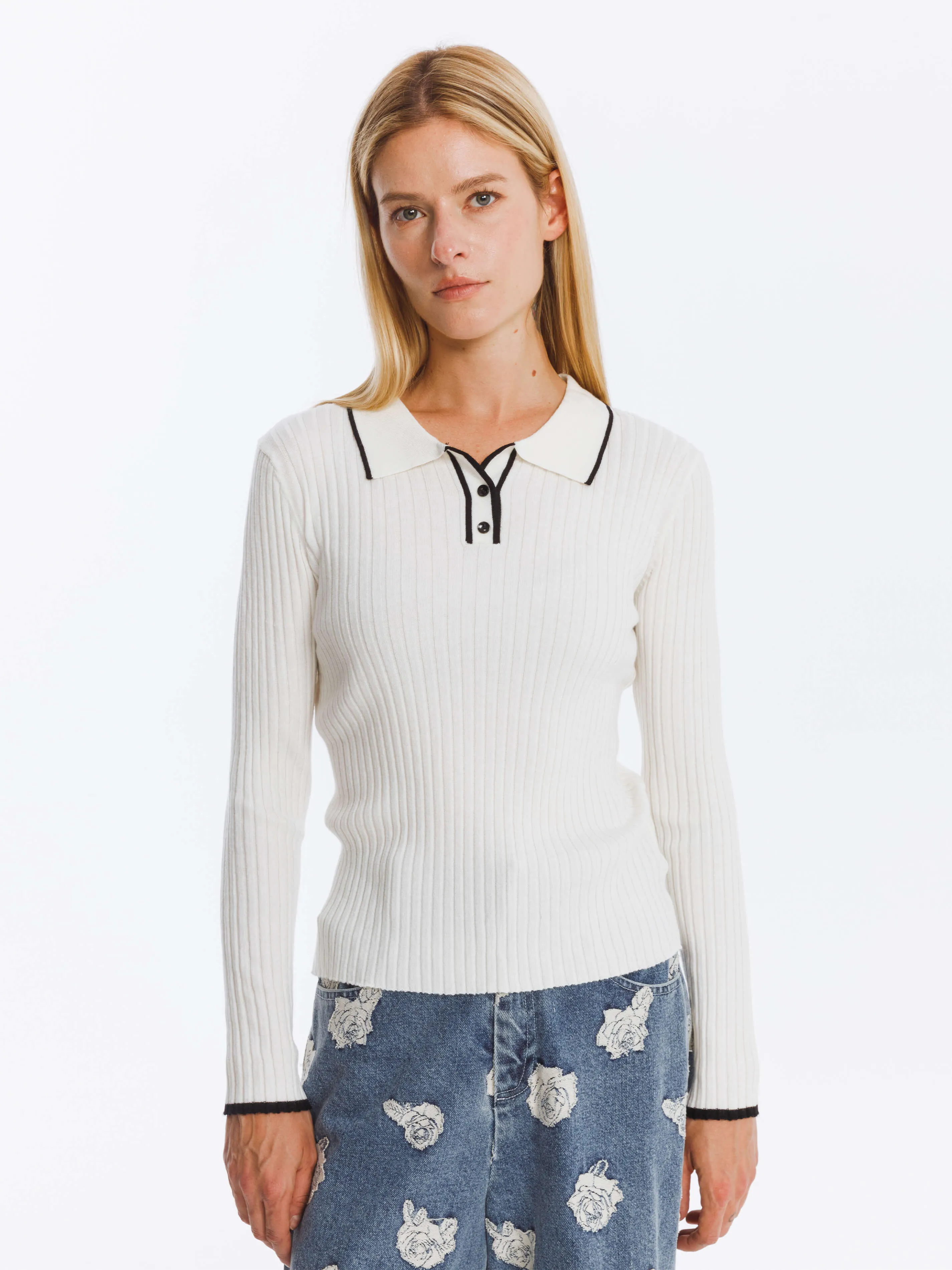 Ribbed Contrast Knitted Long Sleeve Top