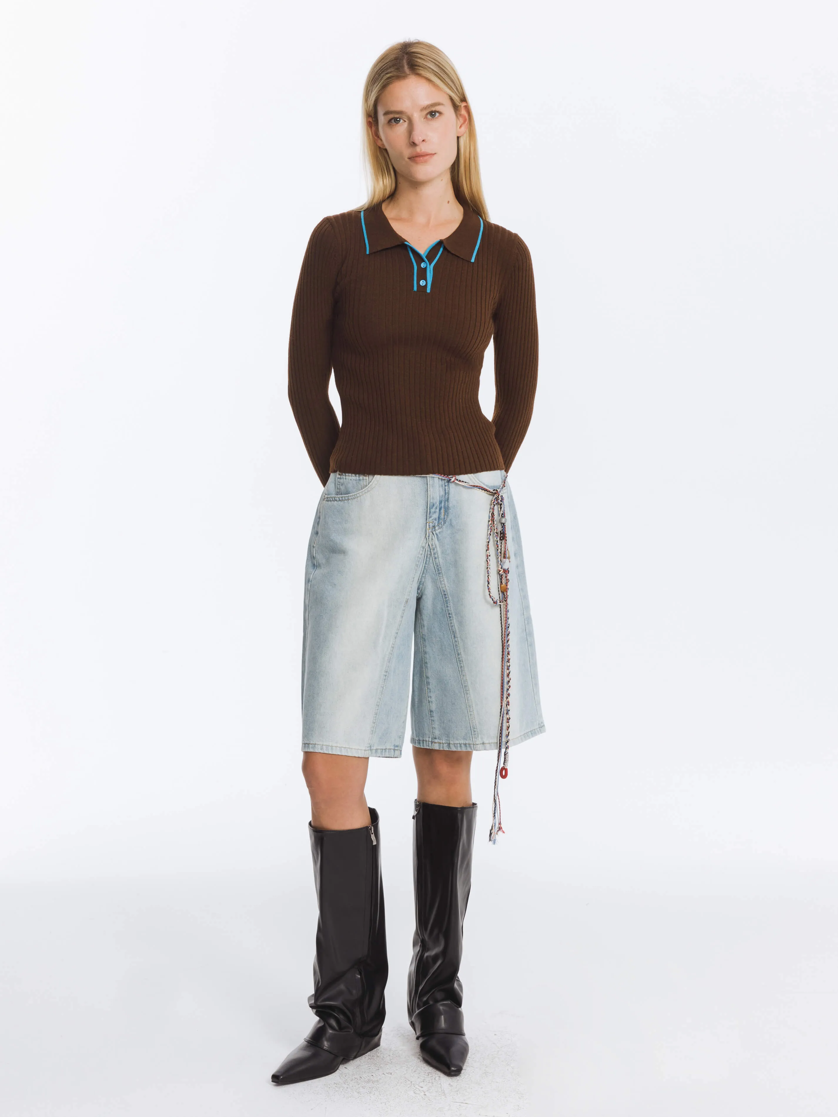Ribbed Contrast Knitted Long Sleeve Top