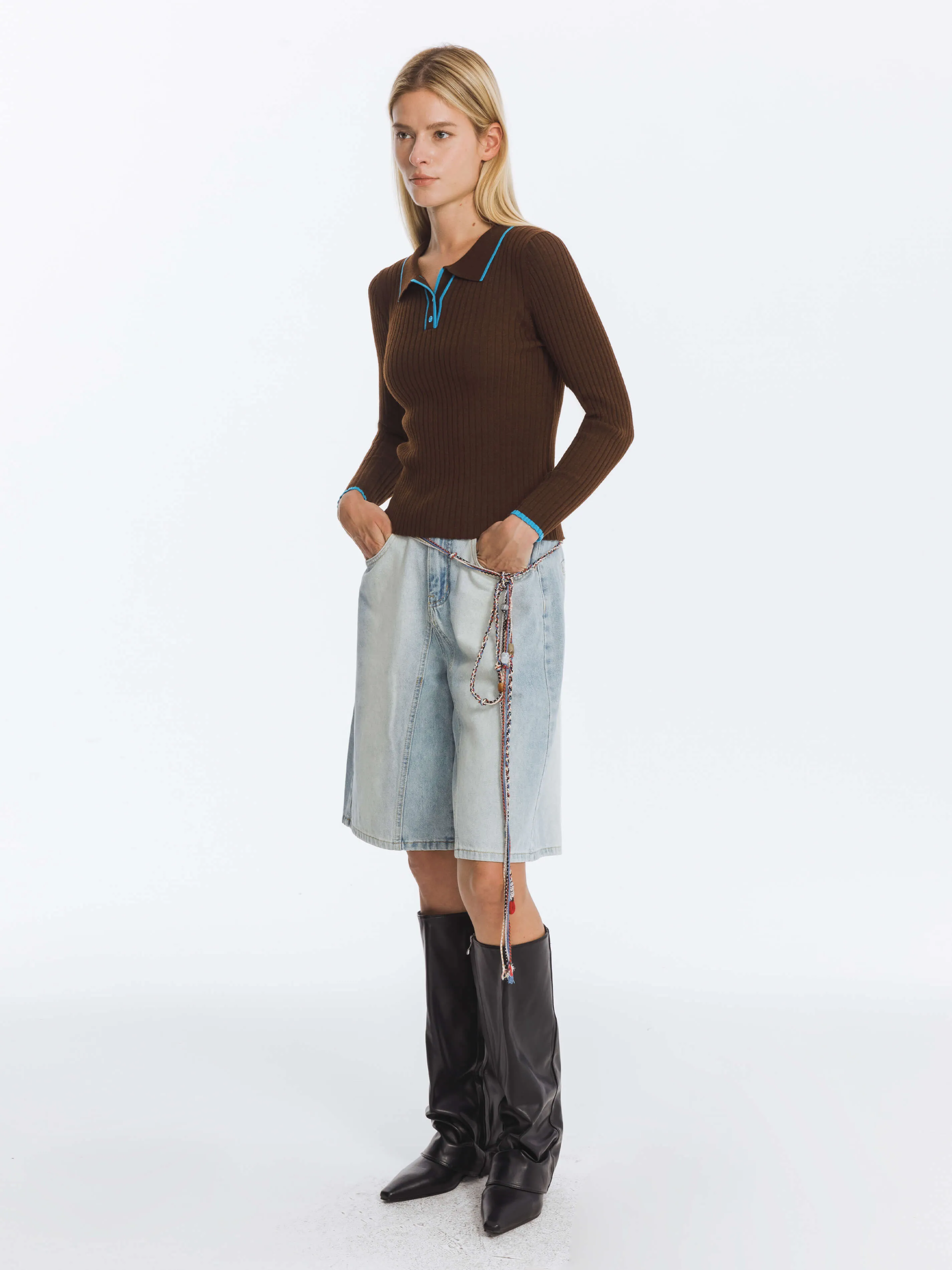 Ribbed Contrast Knitted Long Sleeve Top
