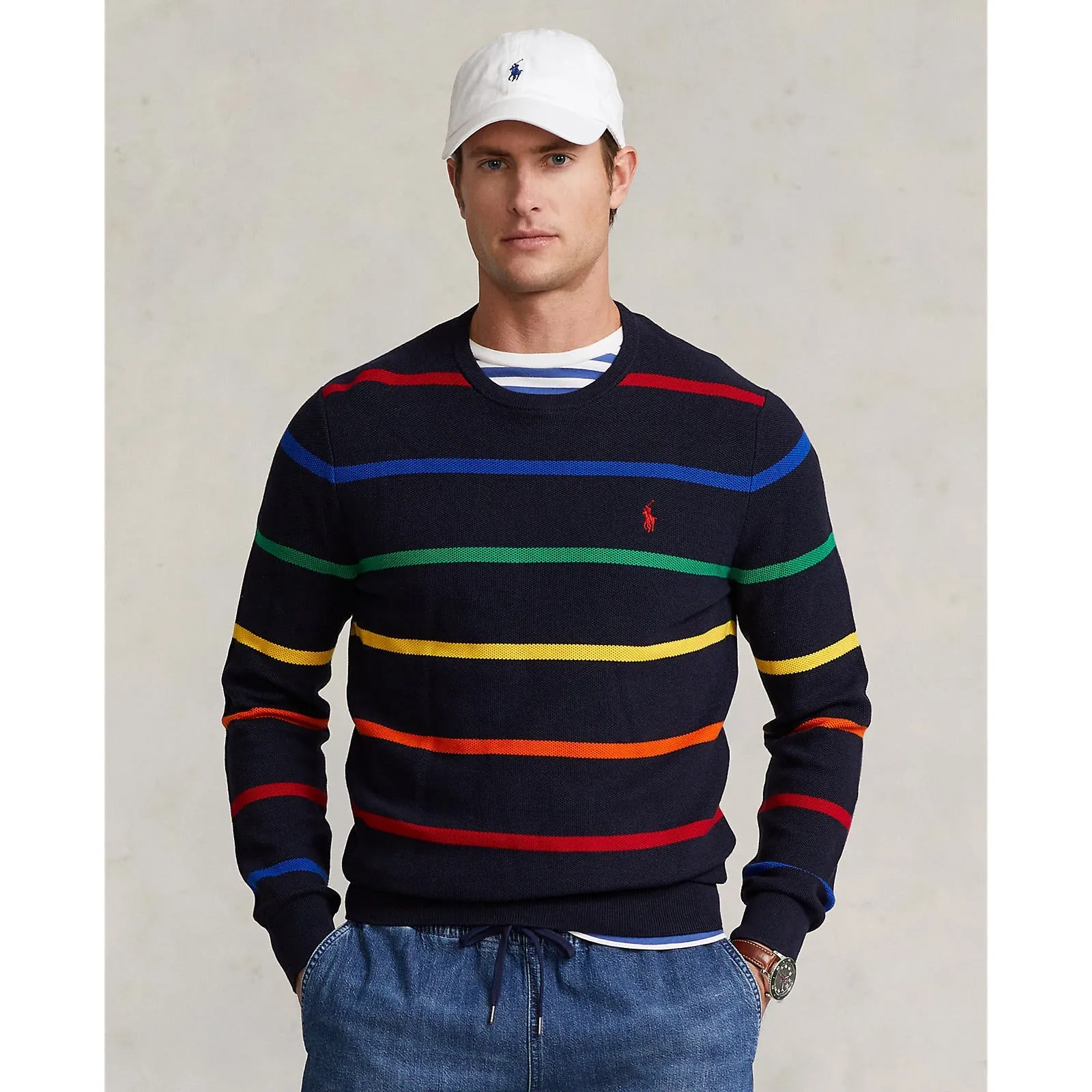 Striped Mesh Knit Cotton Sweater - Navy