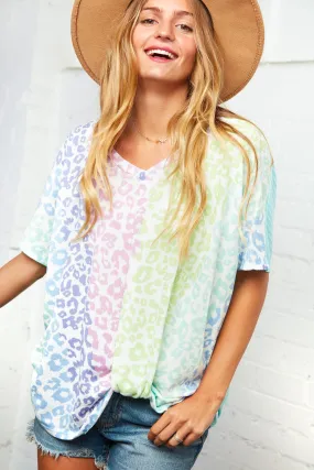 Tie Dye Leopard Dolman Front Twist Top