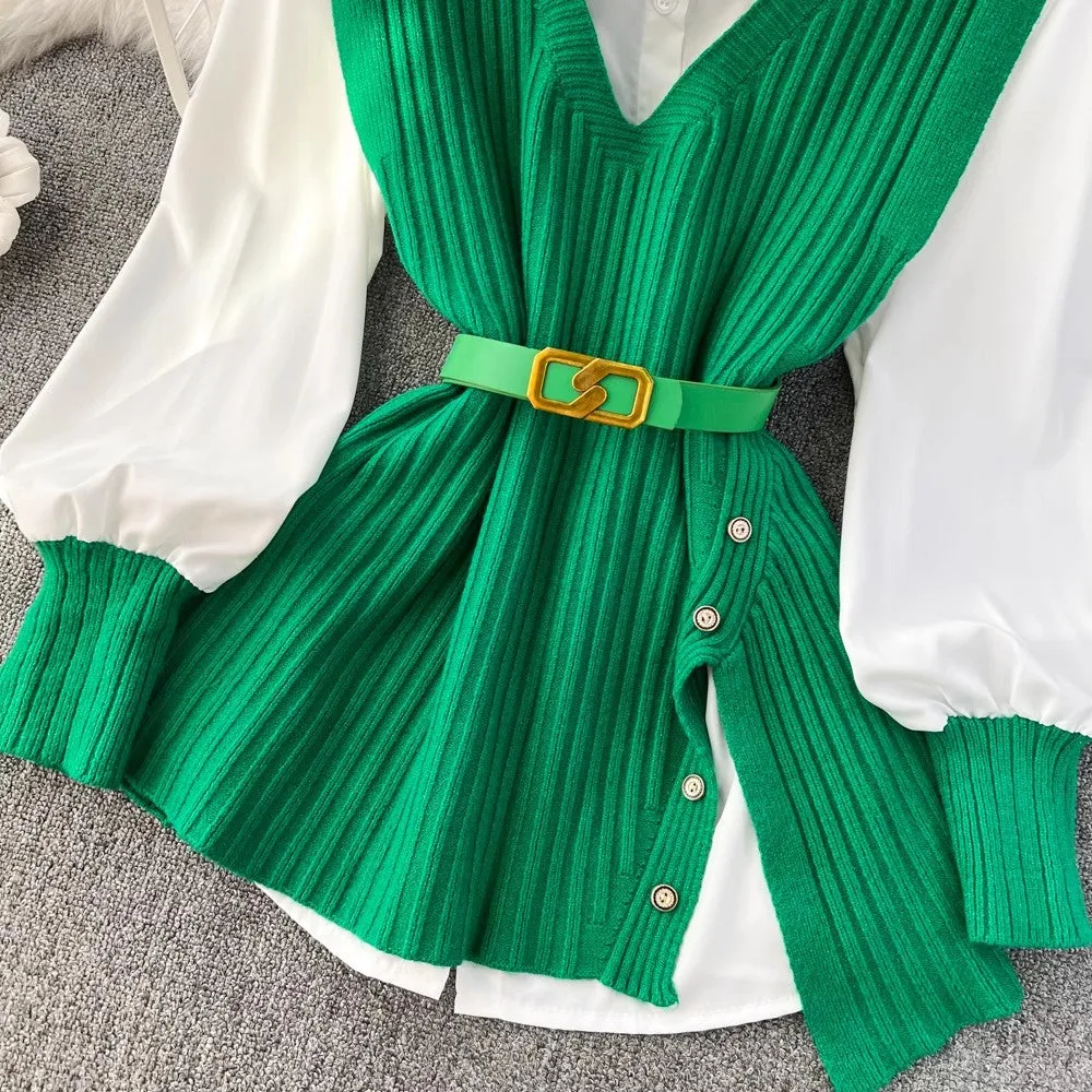 white shirt tops for women knitted vest two-piece set     S4047